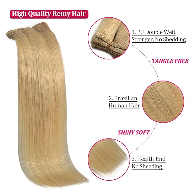 Clip in Hair Extensions Real Human Hair Blonde Kinky Clip in Extensions 8pcs 110g Double Weft Hair Extensions Straight Human Hair Thick End Extensions Human Hair (16inch #613）