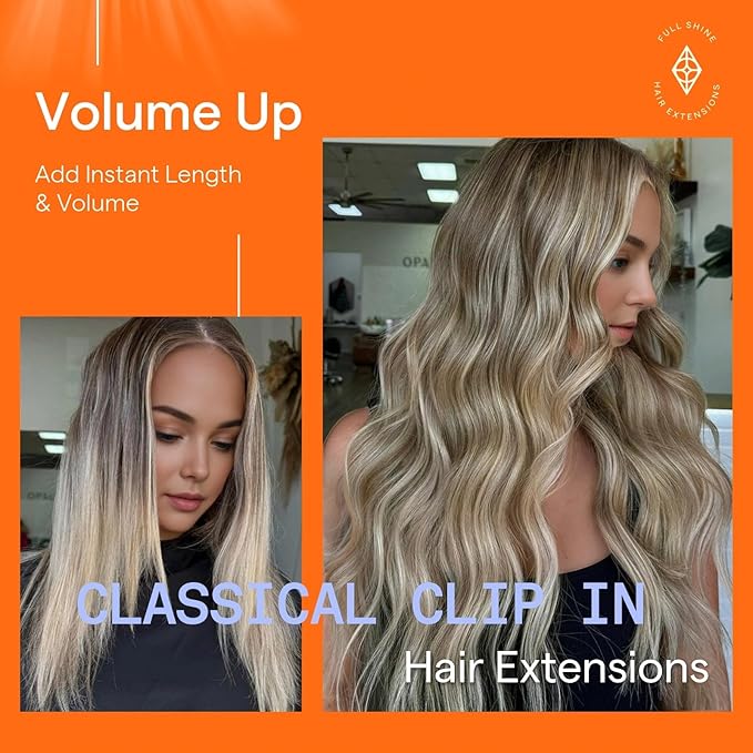 Full Shine Balayage Clip in Hair Extensions Remy Human Hair Ash Brown Ombre Blonde Clip in Extensions 7/800/7 14 Inch Medium Length Hair Extensions 7 Pcs 120 G
