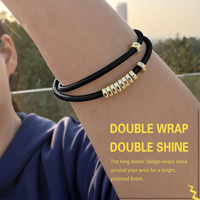 Black Extra Large Long Bracelet Hair Ties for Thick Curly Hair, 3 Pack 3mm Elastic Ponytail Holders Accessories for Women No Damage Stretchy Pony Tails Bands with Gold Metal Charms Beads