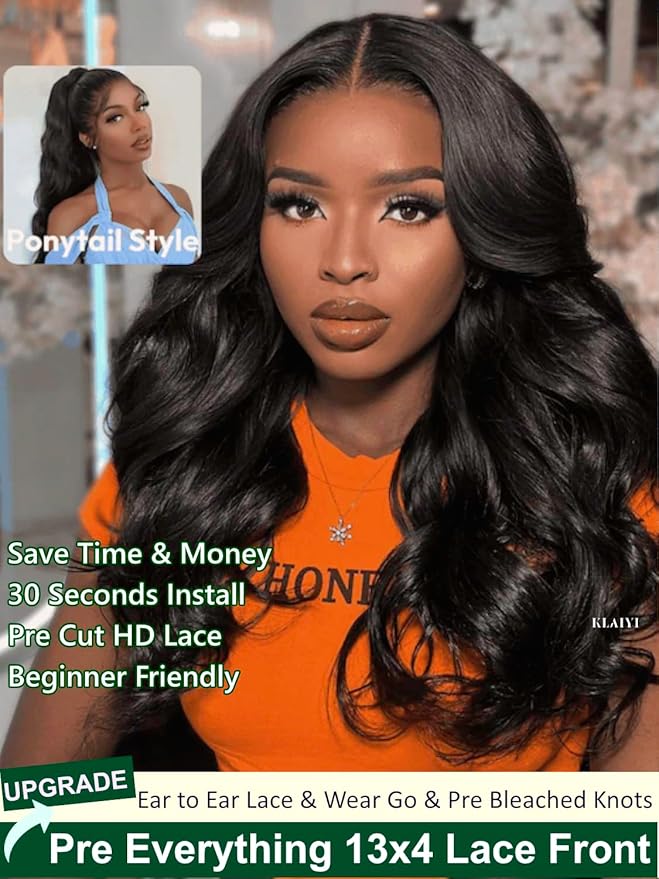 KLAIYI Wear And Go Glueless Wig Bye Bye Knots 13x4Precut Lace Front Wigs Human Hair Loose Body Wave Wig Pre Bleached Pre Everything Pre Plucked with Baby Hair 3S Ready to Wear Beginner Friendly 28Inch