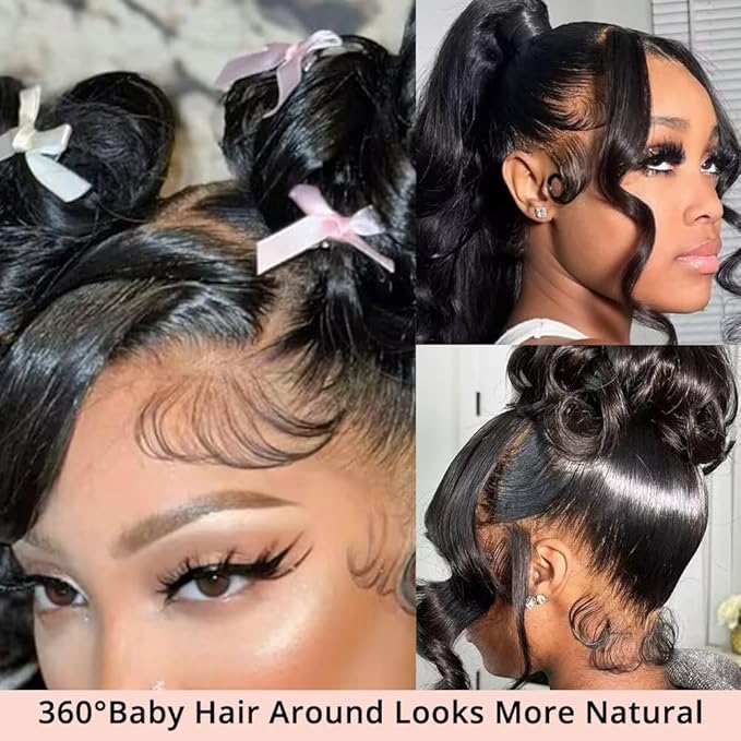 360 Lace Front Wigs Human Hair Body Wave 200% Density 30 Inch Upgraded Hidden Straps 360 HD Full Lace Wigs Human Hair With Drawstring Pre Plucked With Baby Hair for Women Natural Black