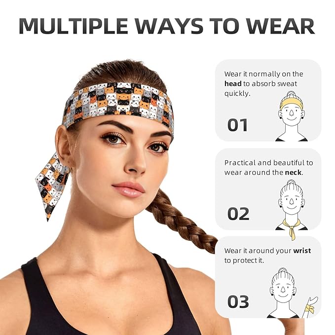 Men's Women Lovely Sports Sweat Band Hair Decor for Sports Workout Spa, Long Boho Style Cute Cat Kitten Head Cartoon Cats Head Ribbon Headwear