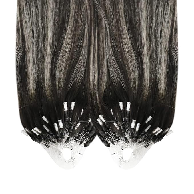 YoungSee Micro Link Hair Extensions Human Hair Ombre Micro Bead Hair Extensions Real Human Hair Silver with Black Balayage Microlink Hair Extension Cold Fusion Hair for Long Hair 22 Inch 50g 50s
