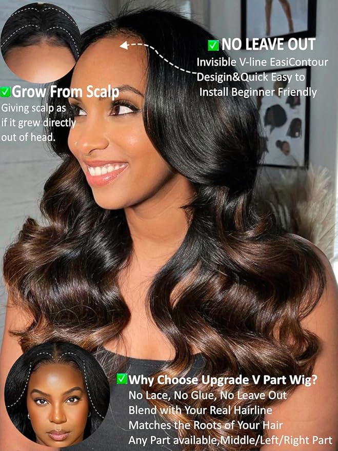 KLAIYI Ombre Brown V Part Wig Body Wave Human Hair Upgrade U Part Wig with Dark Roots Glueless Chestnut Brown Clip in Half Wig No Glue No Leave Out Beginner Wigs for Women Wear and Go Wig 150% 22Inch