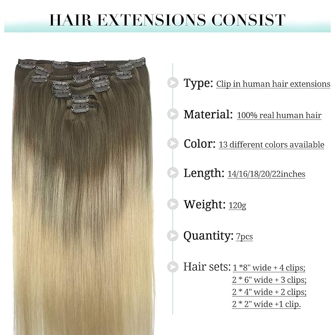 DOORES Human Hair Extensions Clip in, Ash Brown to Platinum Blonde 14 Inch 100g 7pcs, Real Clip in Extensions Straight Natural Hair