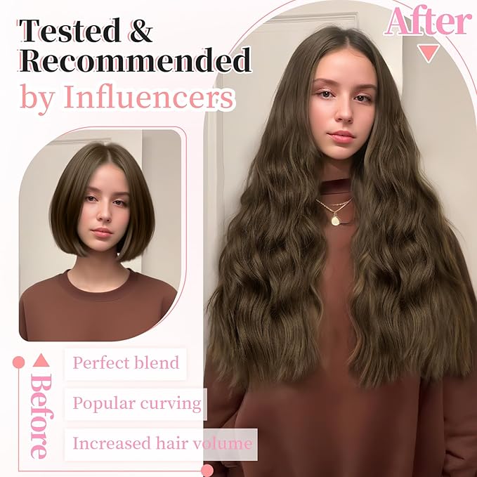 KooKaStyle Clip in Synthetic Hair Extensions Long Wavy 4PCS Thick Hairpieces Chestnut Brown Fiber Double Weft Natural Hair Extensions 24 Inch for Women
