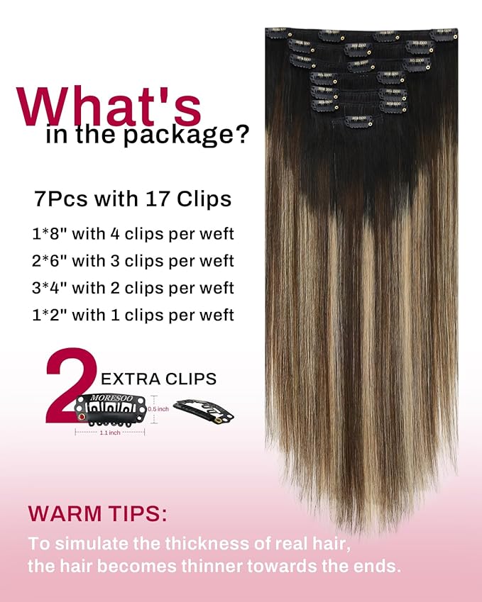 Moresoo Clip in Hair Extensions Real Human Hair Balayage Double Weft Human Hair Clip in Extensions Ombre Black to Brown with Caramel Blonde Full Head Set 7Pcs 120G 18inch
