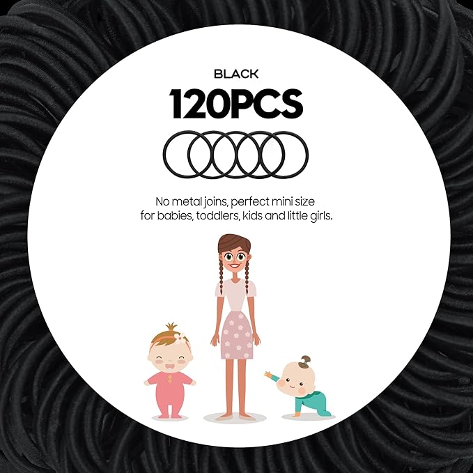 120 Pcs Small Hair Ties for Thin Hair & Kids - 1 Inch, 2mm No-Damage Elastic Bands in, Black