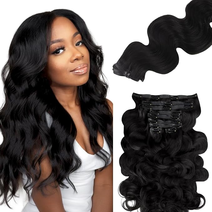 Lashey Seamless Clip in Hair Extensions Human Hair 130g 9pcs 16 Inch Body Wave #1 Jet Black Clip in Extensions for Women Natural Hair Extensions