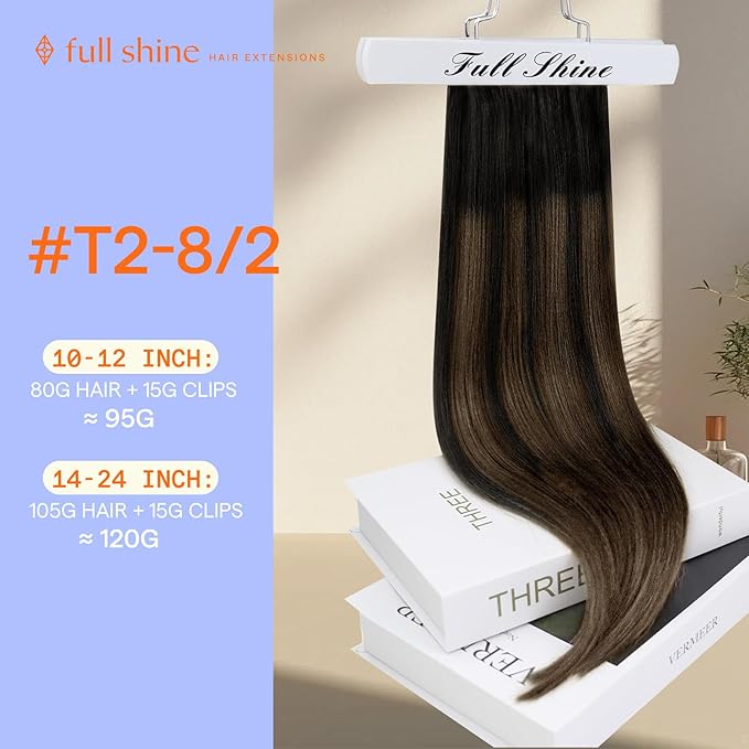 Full Shine Dark Brown Human Hair Clip in Extensions Double Weft Clip in Hair Extensions Real Human Hair Balayage Brown Remy Straight Hair Extensions 20 Inch 7 Pcs 120 G