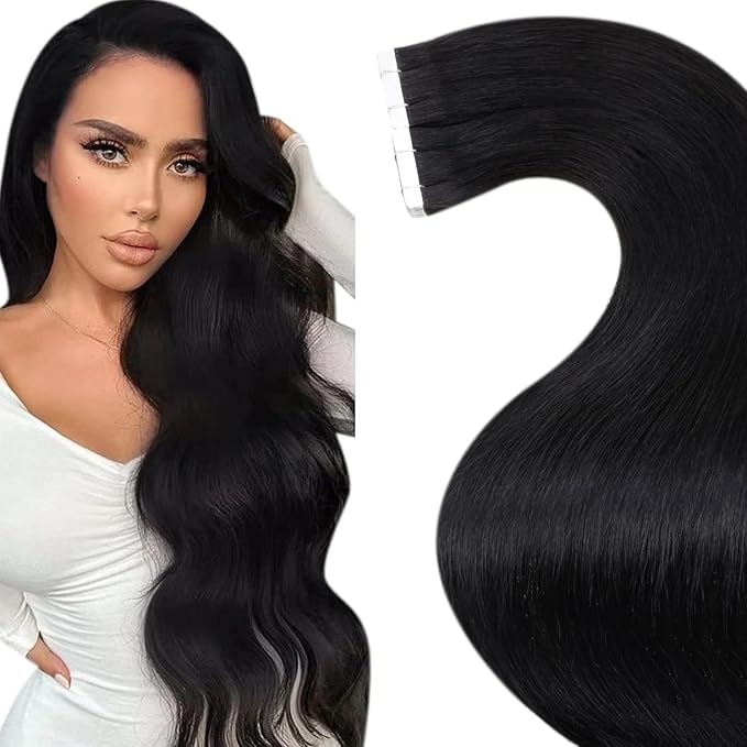 Laavoo Tape in Hair Extensions Human Hair Tape in Extensions Jet Black Tape ins Human Hair Extensions Black Tape in Hair Extensions 24 inch 50g 20pcs