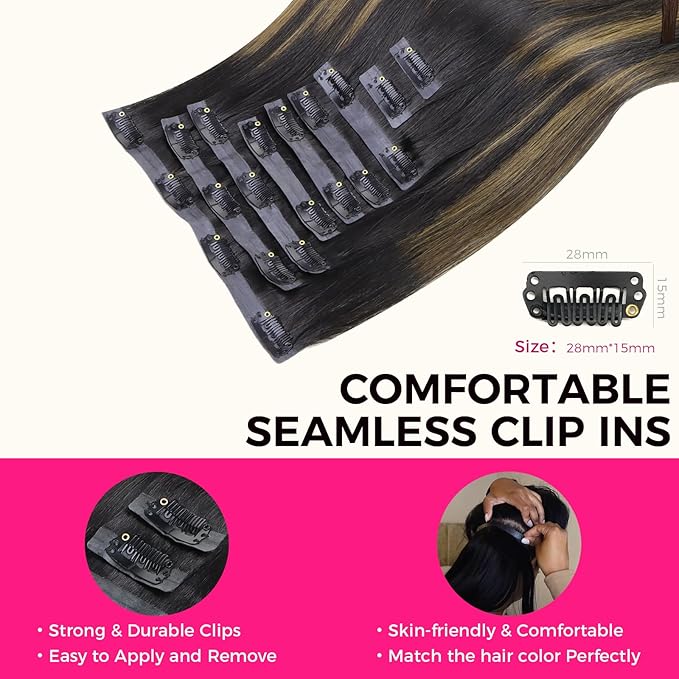 Lashey Seamless Clip in Hair Extensions Human Hair 9pcs Straight Natural Black Mixed Chestnut Brown 130g 18 Inch Clip in Hair Extensions with Thin PU Soft Invisible Edge for Women