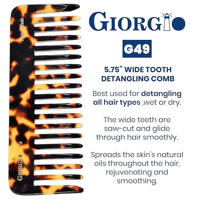 Giorgio G49 Yellow Tokio, Large 5.75 Inch Detangling Comb, Wide Teeth for Thick Curly Wavy Hair. Long Hair Detangler, Handmade of Quality Cellulose, Saw-Cut, Hand Polished.