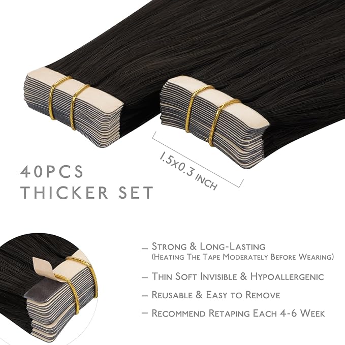 WENNALIFE Tape in Hair Extensions, 40pcs 100g 14 Inch Dark Brown Human Hair, Straight Invisible Reusable Real Extensions