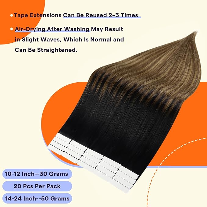 Full Shine Human Hair Extensions Tape in 20 Inch Invisible Double Sided Tape Ins Human Hair Extensions Color 1B Fading to 6 and 27 Honey Blonde 20PCS 50g Straight Seamless Skin Weft Hair Add Length