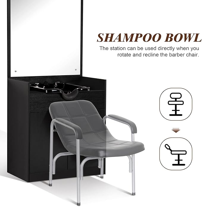 BarberPub Backwash Shampoo Bowl Sink Chair Station with Mirror Salon Styling Cabinet Spa Equipment 3130 (Black)