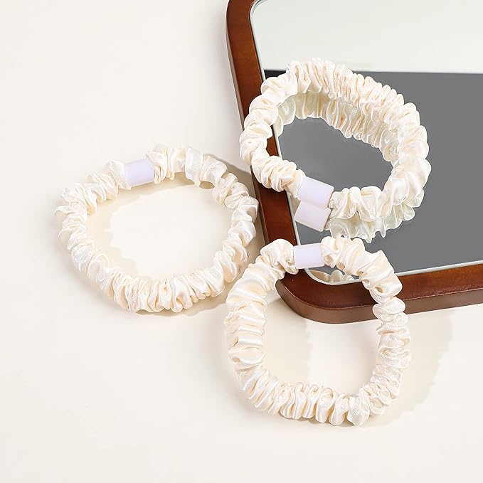 Ivyu Hair Ties Satin Scrunchies - Small Mini Scrunchy for Women Thick Thin Hair Accessories Cute Soft No Slip Hair Elastics Ponytail Holder for Curly Hair No Damage Hairties Gift for Girls… Champagne