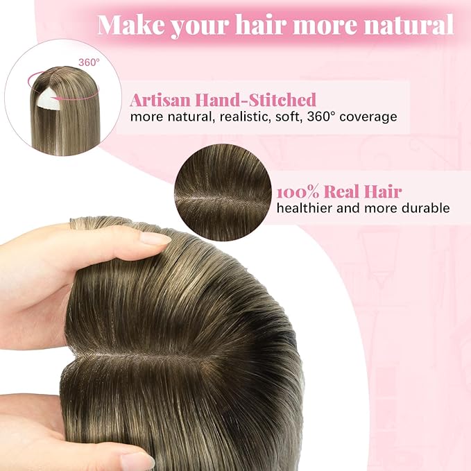 Hair Toppers for Women Real Human Hair 6x7inch Large Base 14inch 55g Toppers Pieces for Women with Thinning Dark Brown To Chestnut Brown Highlight Ash Blonde (#2/6/18Toppers-14inch)