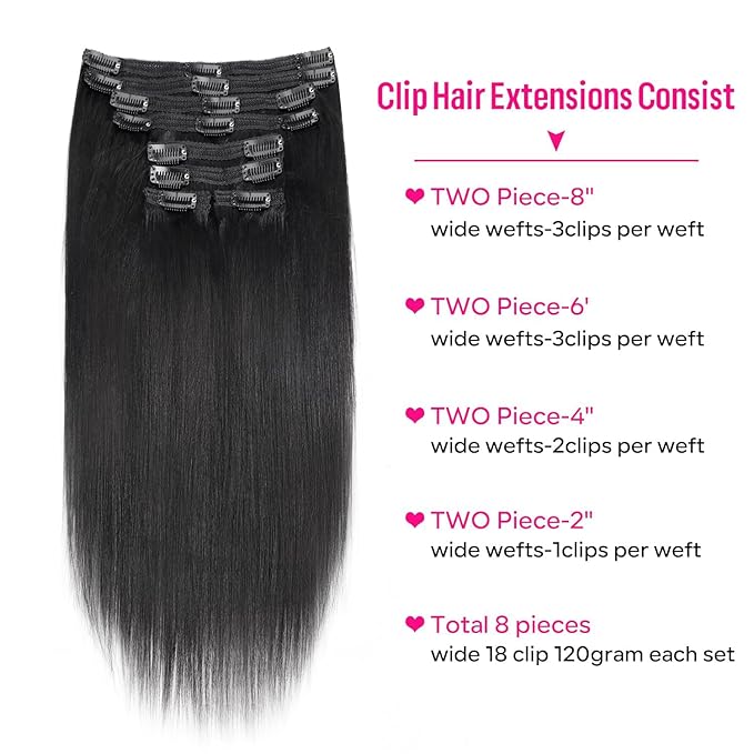 Yaki Straight Clip in Hair Extensions Real Human Hair 8Pcs Remy Human hair Clip ins for Women, Natural Soft Human Hair 120g 24inch #1B Natural Black