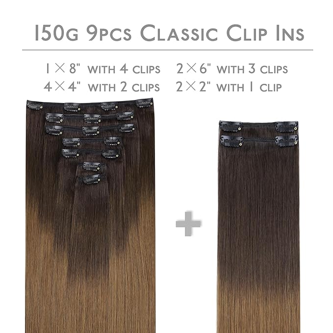 WENNALIFE Clip in Hair Extensions Real Human Hair, 16 Inch 150g 9pcs Remy Hair, Ombre Dark Brown to Light Chestnut Brown Straight Natural Extensiones De Cabello Humano Con Clip Ins