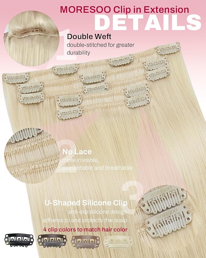 Moresoo Clip in Hair Extensions Real Human Hair Double Weft Human Hair Clip in Extensions Straight Golden Platinum Blonde #60 5pcs 80g 18inch
