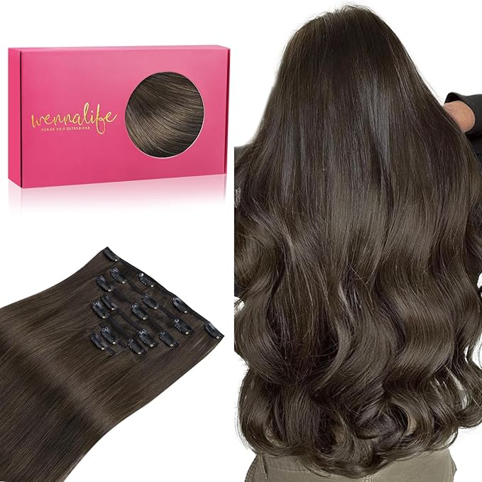 WENNALIFE Clip in Hair Extensions Real Human Hair, 24 Inch 120g 7pcs Human Hair Extensions Clip In Human Hair, Cool Dark Brown Clip In Real Hair Coloured Remy Human