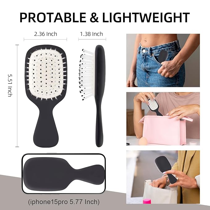 Mini Hair Bursh for Women Men and Kids, Protable Travel Size Hair Brush for Pockets Purses, Mini Detangler Brush for All Hair Types, Small Paddle Brush for Detangling (1 Pack-Black)