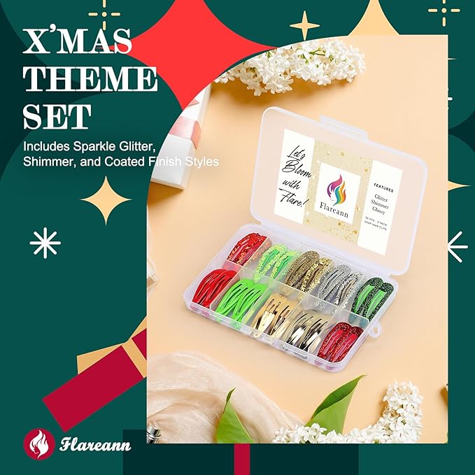 Party Snap Hair Clips by FLAREANN – 36 PCS 2 Inch Non-Slip Metal Barrettes in Glitter, Shimmer, Enamel & Metallic Finishes – Red Green Gold & Silver Hair Accessories