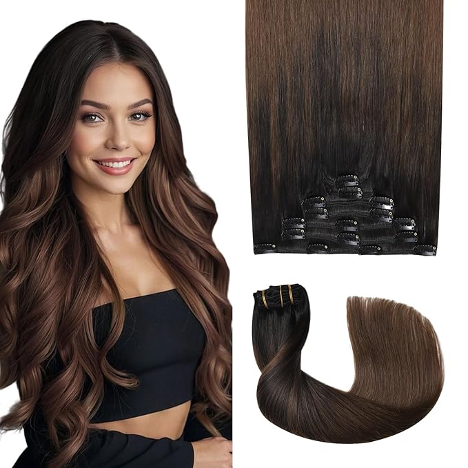 Pro2.0 Remy Real Human Hair Extensions Clip ins 120g Thick 7pcs Color #1BT4 Natural Black Fading to Middle Brown Remy Clip in Hair Extensions Real Human Hair 16inch Double Weft（#1BT4-16inch）