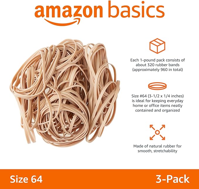 Amazon Basics Rubber Bands, Size 64 (1/4"), 320 Bands/1 lb Pack, 3-Pack, Tan