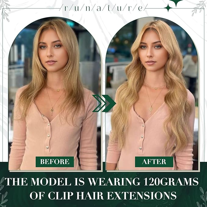 RUNATURE Blonde Clip in Hair Extensions, Human Hair Extensions Clip Ins, Remy Real Hair, Add Hair Length, Full Ends Clip in Extensions, Well Blended, 16 Inch 50g 3pcs #16P24 Golden Blonde Highlight