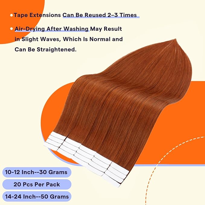 Full Shine Hair Extensions Real Human Hair Tape in Color 550 Copper 22 Inch Invisible Double Sided Tape in Hair Extensions 50Grams Remy Seamless Skin Weft Straight Extensions 20PCS Add Length