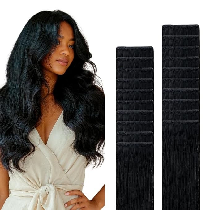 GOO GOO Genius Tape in Hair Extensions, Hand Tied Tape Weft, 1 Jet black, 20inch 50g 20pcs, Remy Human Hair, Seamless Invisible Tape, Natural Blend, Lightweight