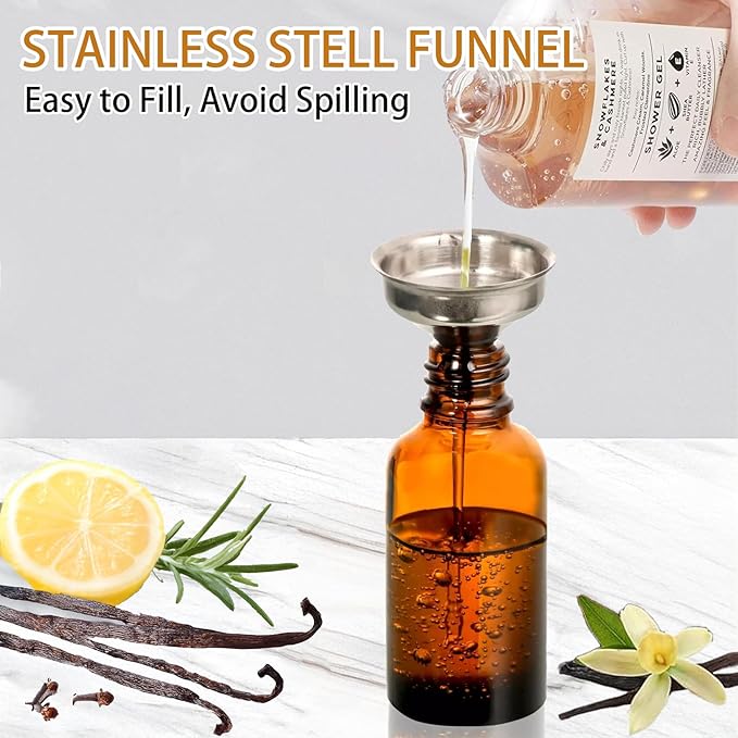 12 Pack 2oz Amber Glass Bottles for Vanilla Extract, Boston Round Leak-Proof Brown Glass Jars with Caps, Bonus Funnel - Ideal for Homemade Extracts, Essential Oils, DIY Christmas Party Gift Supplies