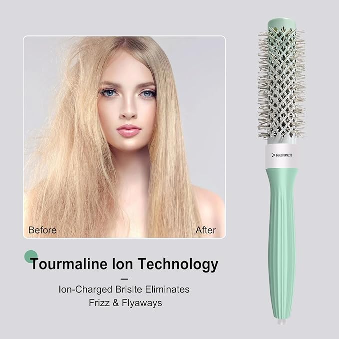 Eagle Fortress Round Brush for Blow Out, Thermal Ceramic Hair Brush for Blow Drying with Ionic Bristle for Professional Blowout Brushing - Green, 25mm