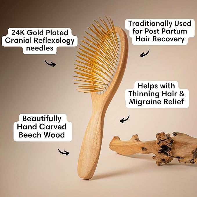 Snow Fox Skincare Gua Sha Hair Brush - Wooden Edition. Scalp Massage Comb with Gold-Plated Metal Bristles for Healthy Follicles. Soothing Gua Sha Acupressure Tool for All Hair Types