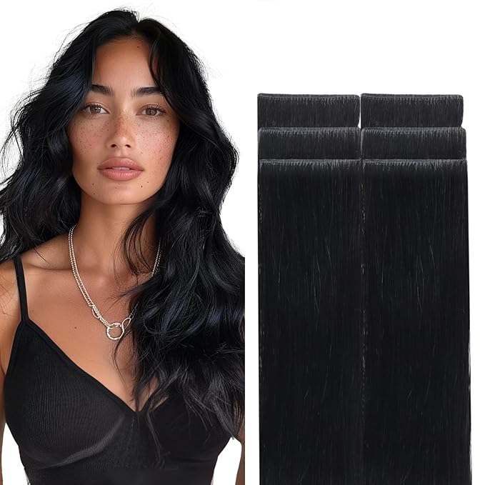 GOO GOO Invisi Edge Tape in Hair Extensions Human Hair, 1 Jet black, 6pcs 16inch 15g, Virgin Remy Hair, Seamless Injected Tape, Natural Look