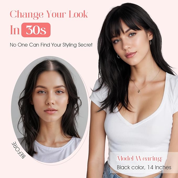 Hairro Mono Hair Toppers with Bangs, 3.4" x 3.4" Mono Base 100% Real Human Hairpieces for Women, 150% Density Clips In Topper for Greyish Thinning Hair, 18 Inch Jet Black