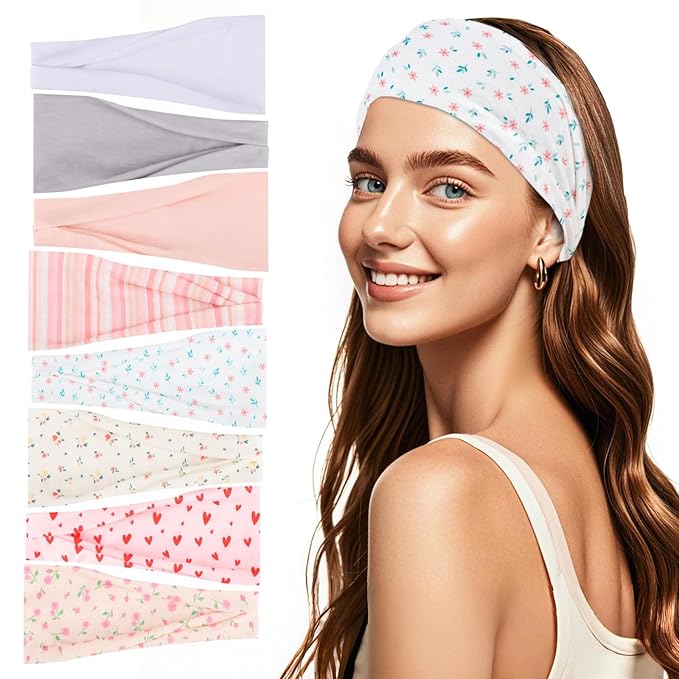 obeoby Boho Headbands for Women, 8 Pack Pink Floral Printed Headbands Non Slip for Girls Valentines Day Outfit Wide Headband for Daily Use Yoga Running
