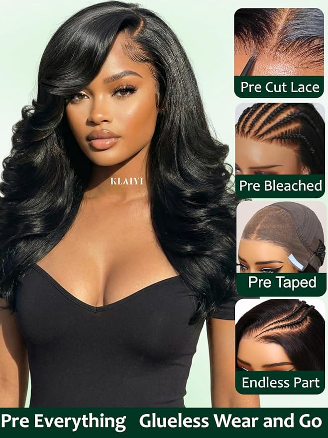 KLAIYI Pre Everything Glueless Layer Side Part Loose Body Wave 13x4 Lace Front Wigs Human Hair Drawstring Curtain Bangs Face framing Pre Bleached Knots Pre Plucked 3S Ready to Put On and Go Wig 22Inch