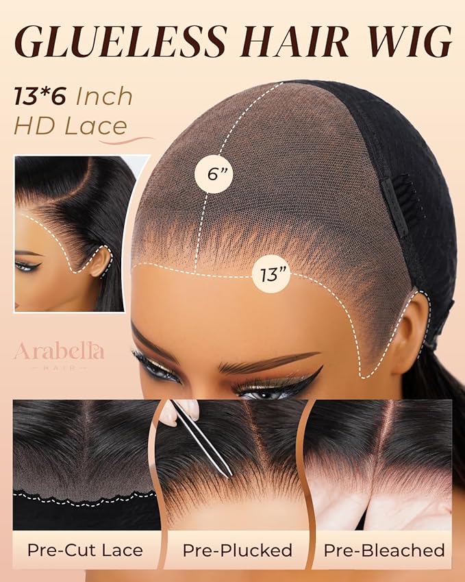 Arabella 13x6 Glueless Wigs Human Hair Pre Plucked Pre Cut Lace Upgraded Ear to Ear Full HD Lace Front Wigs Human Hair 210% Density Straight Wear and Go Glueless Wig Drawstring Wig Human Hair 22 Inch