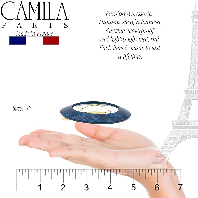 Camila Paris CP3257 French Hair Barrette Clip for Girls, Round Handmade Blue, Strong Hold Grip Hair Clips for Women, No Slip and Durable Styling Girls Hair Accessories, Made in France
