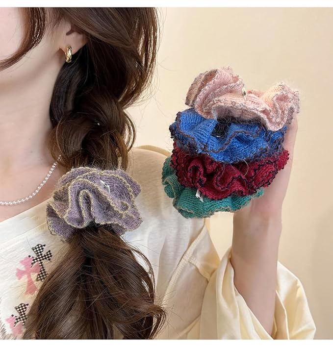 2 Pcs Soft Fabric Scrunchies for Hair,3.9 inch Medium Elastic Hair Ties Ropes Crochet Knit Silky Scrunchie for Women-Light Purple