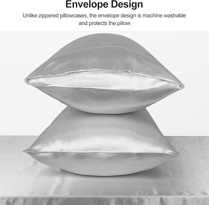 Lirex Satin Pillowcase 2-Pack, Queen Size Satin Pillowcase Soft Solid Color Microfiber, Wrinkle Free Fade Resistant Breathable, Light Gray