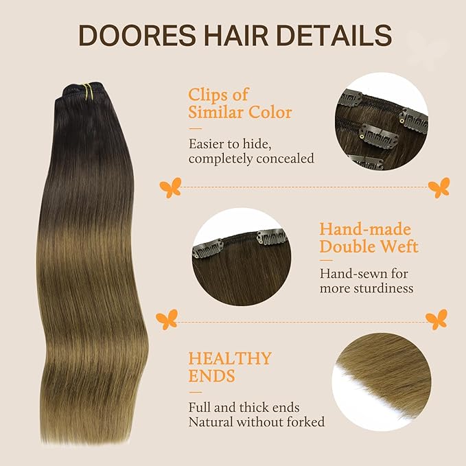 DOORES Clip in Hair Extensions, Chocolate Dip Color Melt 24 Inch 150g 9pcs, Remy Hair Extensions, Human Hair, Natural Straight Thick