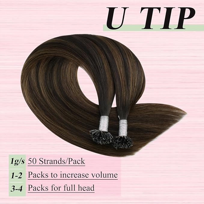 YoungSee Utip Hair Extensions Human Hair Balayage U Tip Hair Extensions Dark Brown with Medium Brown K-Tip Hair Extension Human Hair Ombre 14Inch for Short Hair 50s/50G