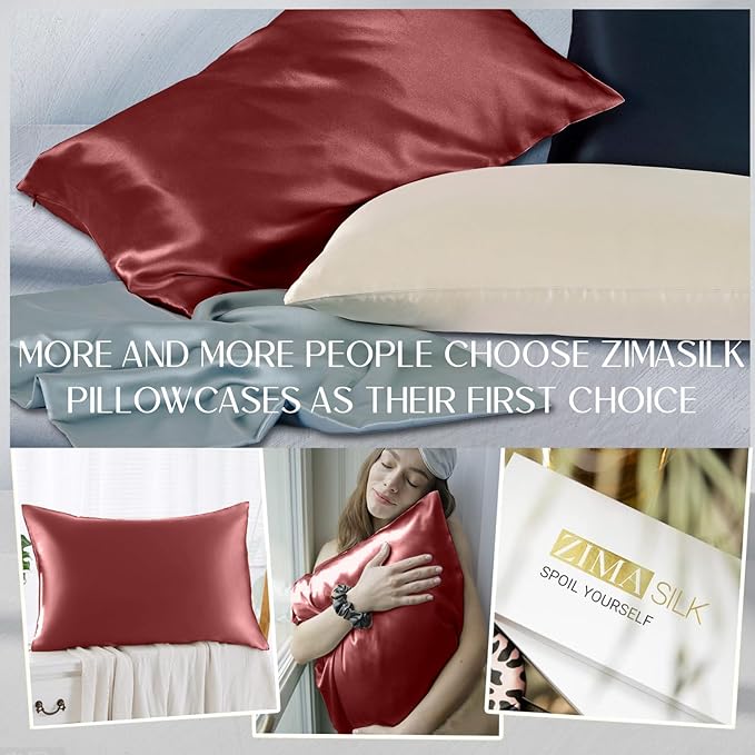 ZIMASILK 100% Mulberry Silk Pillowcase for Hair and Skin Health,Soft and Smooth,Both Sides Premium Grade 6A Silk,600 Thread Count,with Hidden Zipper,1pc (Standard 20''x26'',Burgundy)