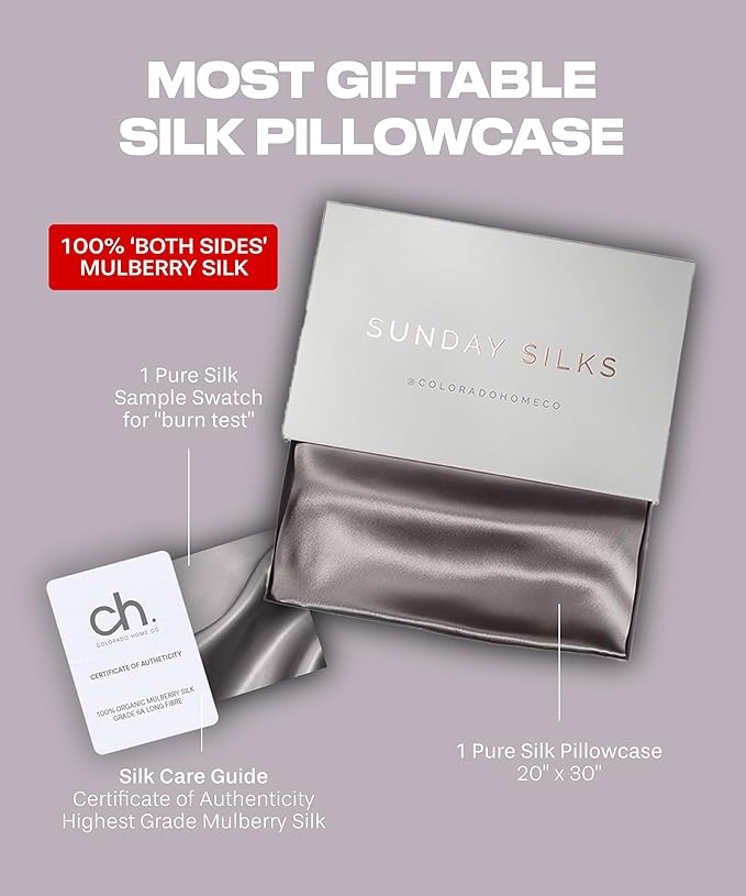 SUNDAYSILKS™ | Silk Pillow Cases | 100% Pure Silk Pillowcase | All Sides 22 Momme Highest Grade 6A Real Silk Pillowcase for Hair & Skin, Queen King Mulberry Silk Pillow Case, Zipper [Charcoal Essence]
