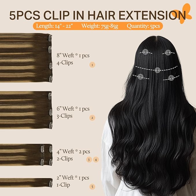DOORES Hair Extensions Clip in Human Hair, 5pcs 80g 20 Inch Balayage Chocolate Brown to Caramel Blonde Real Clip in Human Hair Extensions Straight Natural Hair Extensions