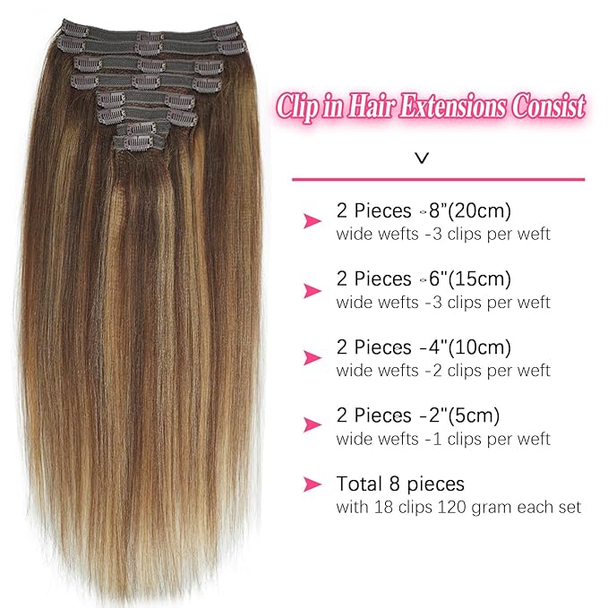 #4/27/4 Yaki Straight Clip in Hair Extensions Real Human Hair Omber Clip ins For Women Yaki Straight Clip on Hair(16inch,#4/27/4)